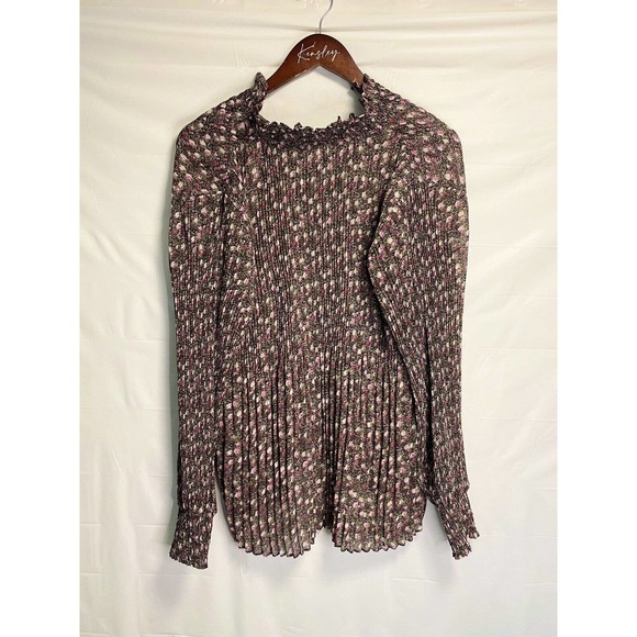 Cabi Women’s Floral Pleated Blouse‎ Mock Neck Ruffled Balloon Sleeve Size Medium - Picture 2 of 4